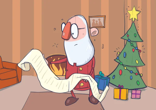 Tarjeta de Navidad de Santa Claus divertido en gafas de lectura de un largo pergamino en el interior del hogar con árbol de Navidad. Ilustración de caracteres vectoriales . — Vector de stock