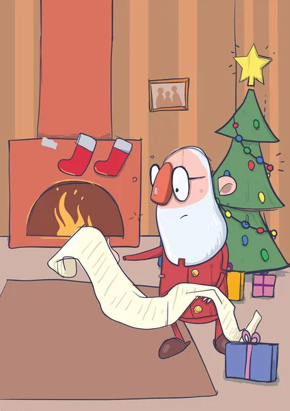 Tarjeta de Navidad de Santa Claus divertido en gafas de lectura de un largo pergamino en el interior del hogar con árbol de Navidad. Ilustración de caracteres vectoriales . — Vector de stock