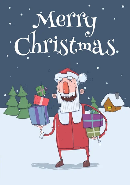 Tarjeta de Navidad de Santa Claus sonriente divertido. Santa con cajas de regalo en la noche nevada. Árboles de Navidad y casa festiva. Ilustración vectorial vertical. Personaje de dibujos animados. Letras. Copiar espacio . — Vector de stock