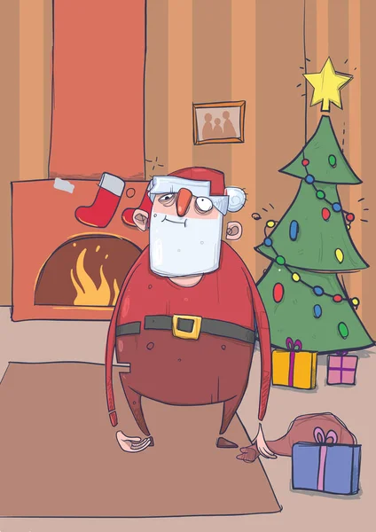 Funny drunk Santa Claus with a bag in a room with decoreted Christmas tree and colorful presents. Wasted happy Santa. Vertical vector illustration. Cartoon character. Stock Illustration