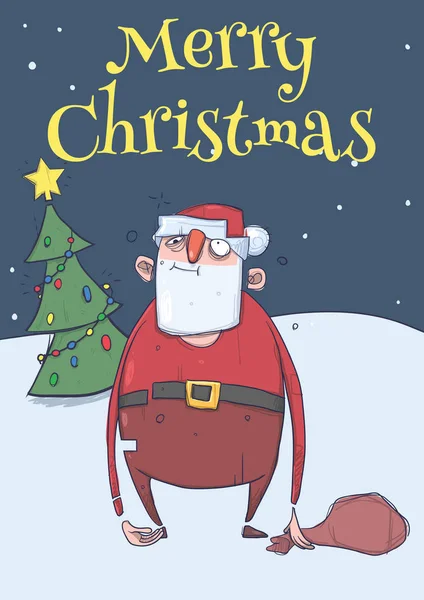 雪の夜にクリスマス ツリーの横にある袋立っておかしい酔ってサンタ クロースのクリスマス カード。ハッピー サンタを無駄にしました。垂直のベクター イラストです。漫画のキャラクター。レタリング。コピー スペース. — ストックベクタ