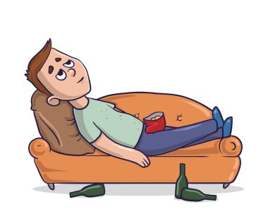 Bored young man lying on a sandy-colored couch stares at the ceiling with empty bottles nearby. Cartoon character vector illustration. Isolated image on white background. clipart