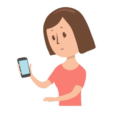 Kadın onun telefonunda sürpriz bakar. Karışık Bayan ile bir smartphone onun elinde. Çizgi film karakteri vektör çizim. Beyaz arka plan üzerinde izole görüntü. Düz stil.