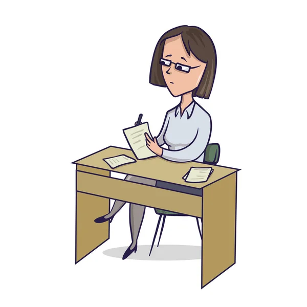 La mujer de negocios se sienta junto a la mesa escribiendo notas. La mujer toma notas en el escritorio. Dibujos animados carácter vector ilustración. Imagen aislada sobre fondo blanco . — Archivo Imágenes Vectoriales
