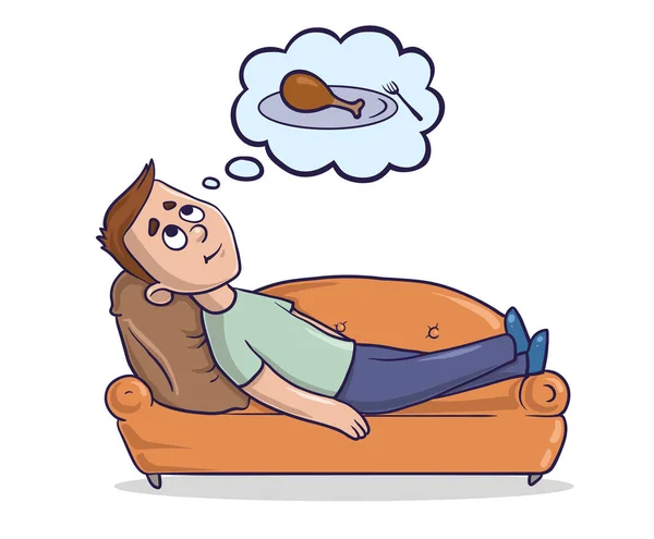 Un joven acostado en un sofá de color arena piensa en la comida. El tipo hambriento sueña con un pedazo de pollo. Dibujos animados carácter vector ilustración. Imagen aislada sobre fondo blanco . — Archivo Imágenes Vectoriales