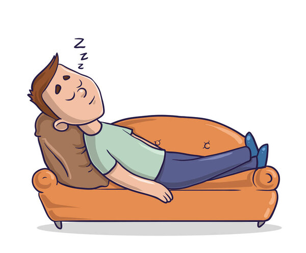 Young man lying on a sandy-colored couch takes a nap. Guy sleeping on a sofa. Cartoon character vector illustration. Isolated image on white background.