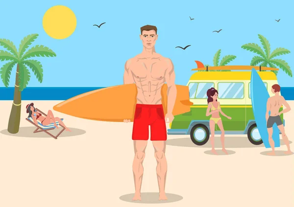 Joven deportivo con una tabla de surf en una playa soleada. Vista frontal del salvavidas en pantalones cortos rojos sobre un fondo soleado junto al mar. Ilustración vectorial horizontal. Estilo plano . — Vector de stock