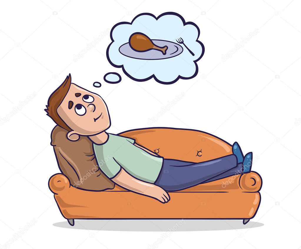 Young man lying on a sandy-colored couch thinks about the food. Hungry guy dreams about piece of chicken. Cartoon character vector illustration. Isolated image on white background.