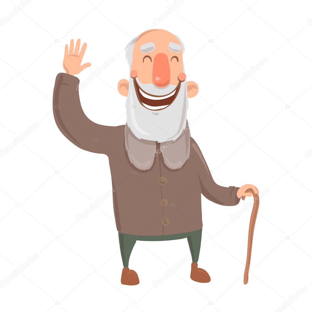 Smiling bearded old man with cane waves hand. Happy grey-haired elderly man greets you. Cartoon character vector illustration. Isolated image on white background.