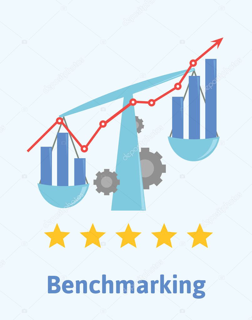 Benchmarking concept illustration. Comparing ones business processes and performance metrics to best practices from other companies. The scales with diagrams, stars and graph. Vector.