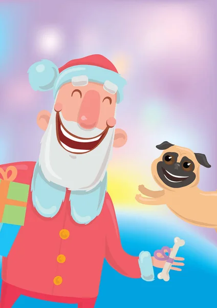 Feliz Pai Natal e um cão. Ano Novo e cartões de Natal do ano do cão segundo o calendário oriental. Personagens vetoriais Ilustração sobre fundo colorido brilhante . — Vetor de Stock
