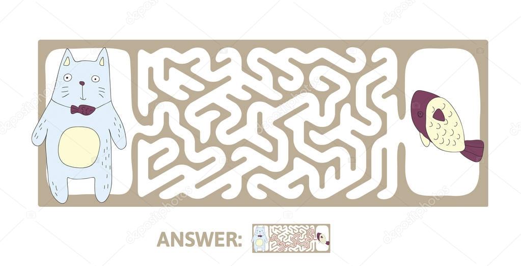 Childrens maze with cat and fish. Puzzle game for kids, vector labyrinth illustration.