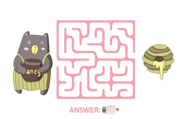 儿童迷宫熊和蜂蜜。益智游戏的孩子, 矢量迷宫插图. — 图库矢量图片