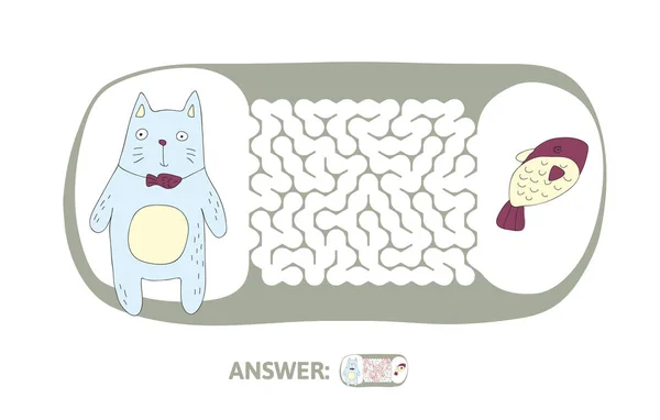 Labyrinthe d'enfants avec chat et poisson. Jeu de puzzle pour enfants, illustration de labyrinthe vectoriel . — Image vectorielle