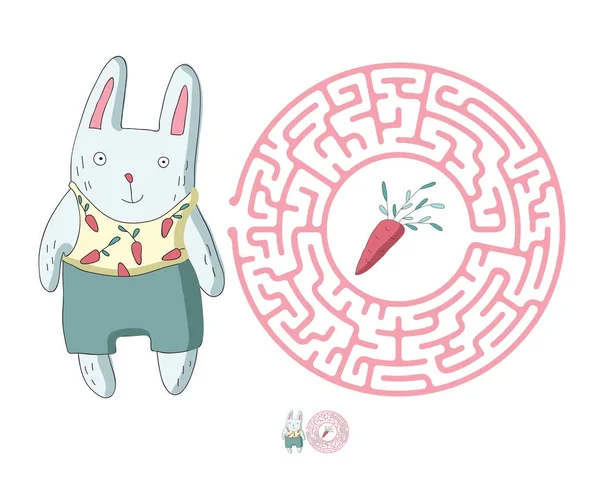 Labyrinthe d'enfants avec le lapin et la carotte. Jeu de puzzle pour enfants, illustration de labyrinthe vectoriel . — Image vectorielle