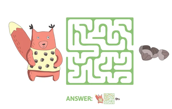 Childrens labyrint med ekorre och nötter. Pusselspel för barn, vektor labyrint illustration. — Stock vektor