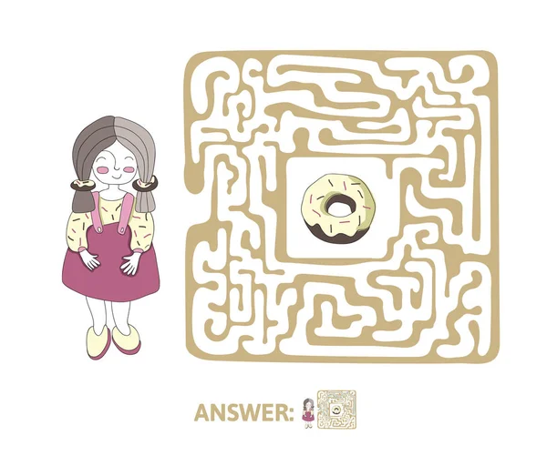 Labyrinthe d'enfants avec fille et beignet. Jeu de puzzle pour enfants, illustration de labyrinthe vectoriel . — Image vectorielle