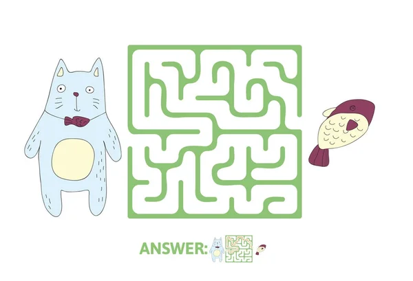 儿童迷宫猫和鱼。益智游戏的孩子, 矢量迷宫插图. — 图库矢量图片