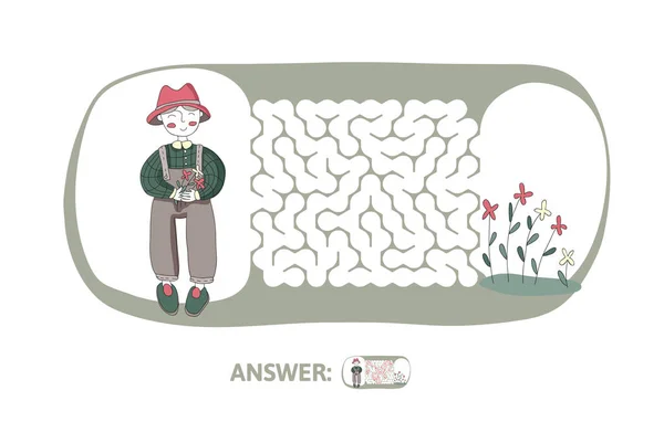 Kinder labyrinth mit Gärtner und Blumen. Puzzlespiel für Kinder, Vektor-Labyrinth-Illustration. — Stockvektor