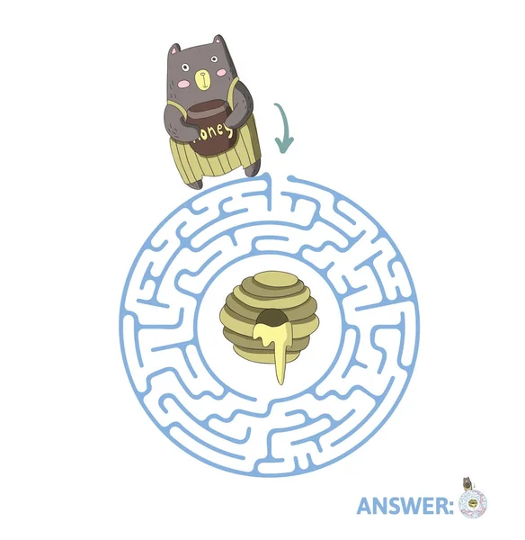 Labirinto de crianças com urso e mel. Jogo de puzzle para crianças, ilustração do labirinto vetorial . — Vetor de Stock