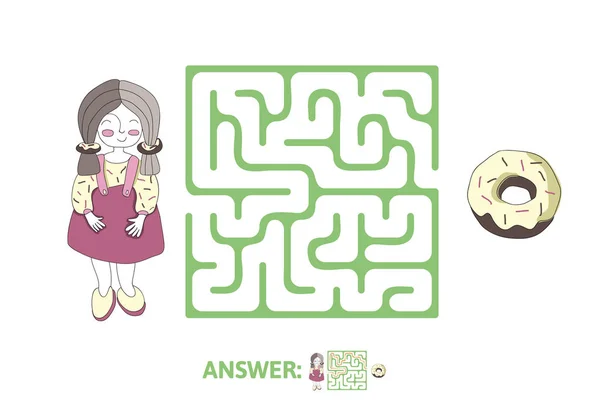 Детский лабиринт с девушкой и пончиком. Игра-головоломка для детей, векторная иллюстрация лабиринта . — стоковый вектор