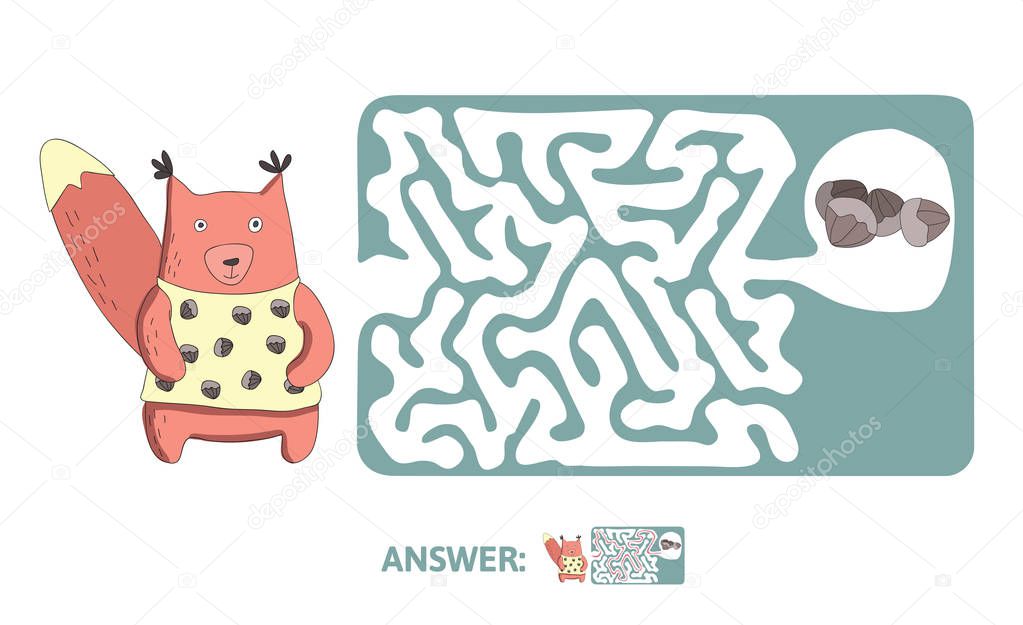 Childrens maze with squirrel and nuts. Puzzle game for kids, vector labyrinth illustration.