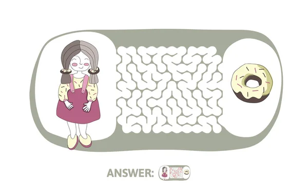 Childrens labyrint med flicka och donut. Pusselspel för barn, vektor labyrint illustration. — Stock vektor