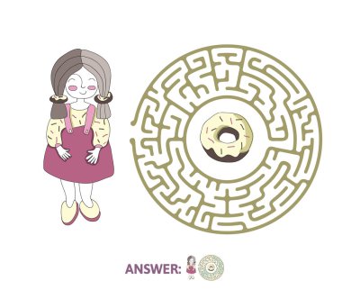 Çocuk labirent ile kız ve çörek. Puzzle oyunu çocuklar için labirent illüstrasyon vektör.