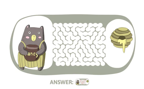 Childrens labyrint med bär och honung. Pusselspel för barn, vektor labyrint illustration. — Stock vektor