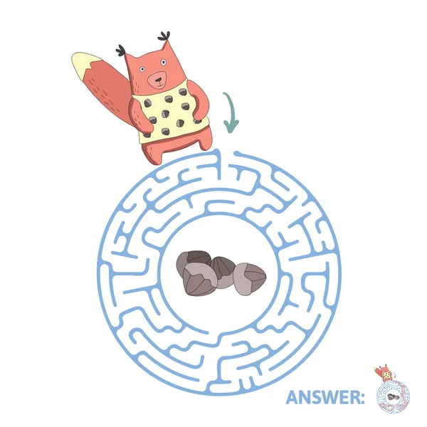 Laberinto de niños con ardilla y nueces. Puzzle juego para niños, ilustración de laberinto vectorial . — Vector de stock