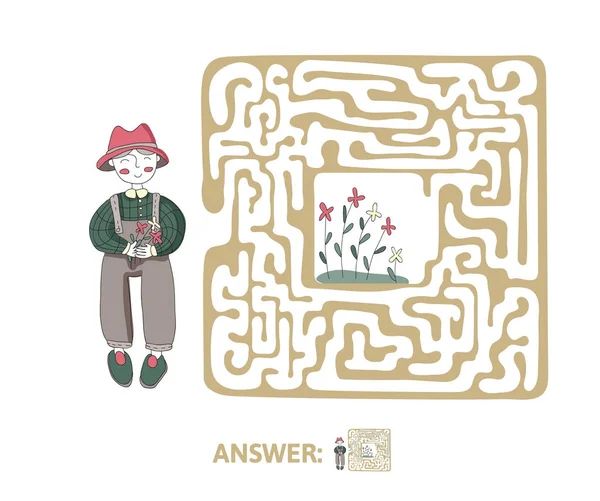Детский лабиринт с садовником и цветами. Игра-головоломка для детей, векторная иллюстрация лабиринта . — стоковый вектор