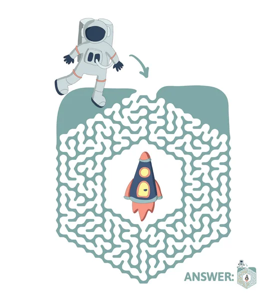 Kinder labyrinth mit Astronaut und Rakete. Puzzlespiel für Kinder, Vektor-Labyrinth-Illustration. — Stockvektor