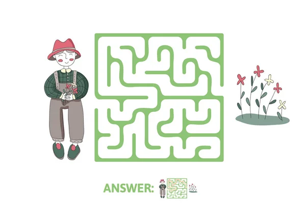 Kinder labyrinth mit Gärtner und Blumen. Puzzlespiel für Kinder, Vektor-Labyrinth-Illustration. — Stockvektor