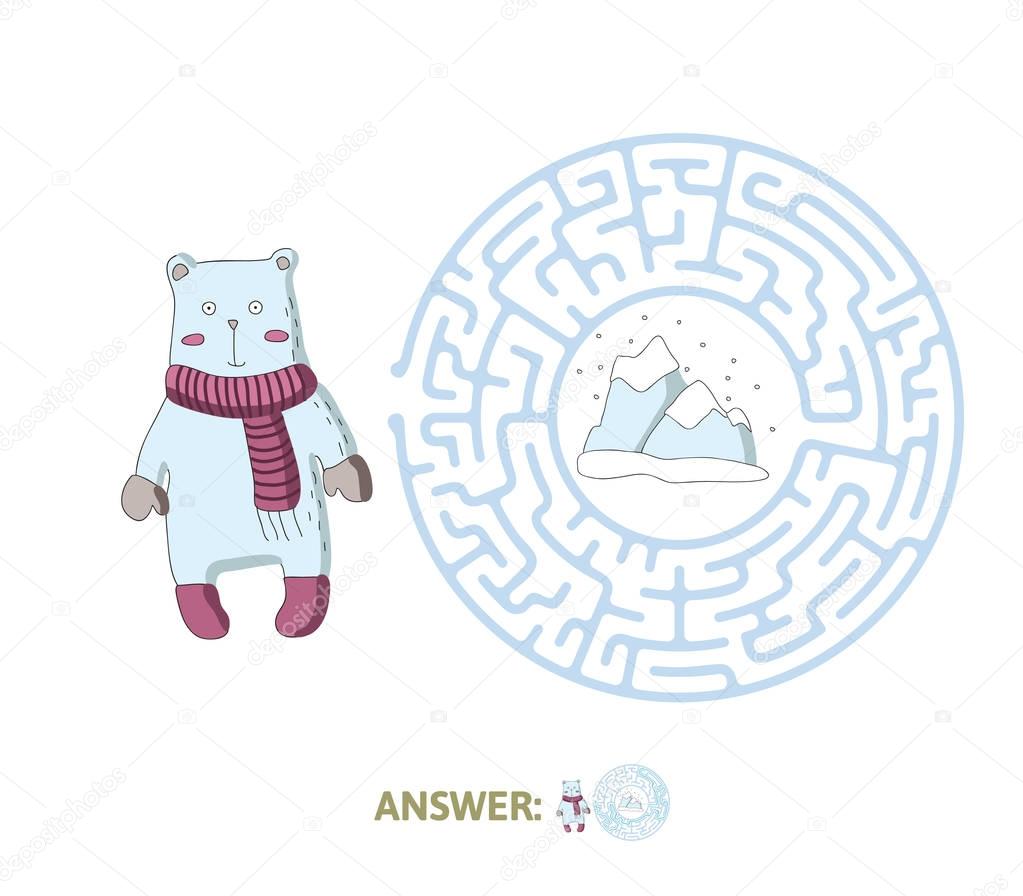 Childrens maze with polar bear and the North pole. Puzzle game for kids, vector labyrinth illustration.