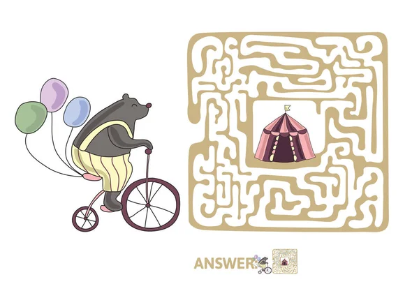 儿童迷宫与熊在自行车和马戏团的帐篷。益智游戏的孩子, 矢量迷宫插图. — 图库矢量图片