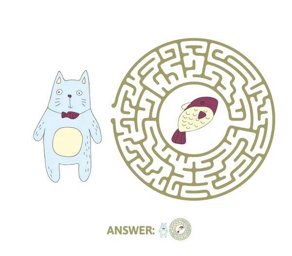 Labirinto de crianças com gato e peixe. Jogo de puzzle para crianças, ilustração do labirinto vetorial . —  Vetores de Stock