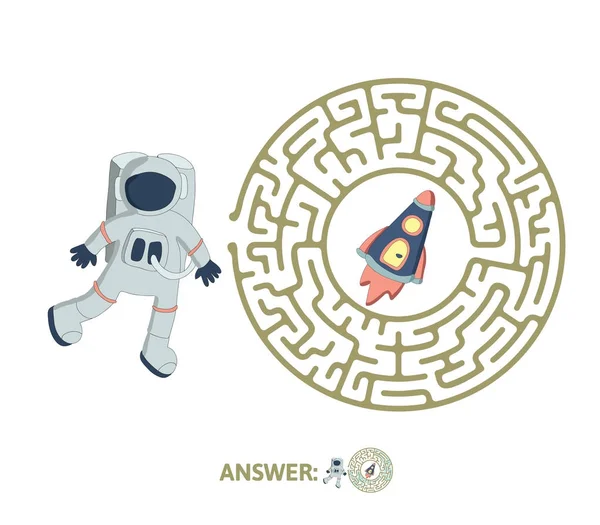 Дитячий лабіринт з космонавтом і ракетою. Гра-головоломка для дітей, векторна ілюстрація лабіринту . — стоковий вектор