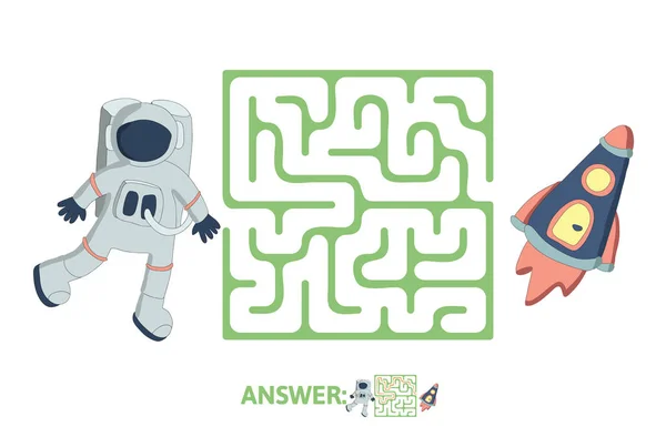 Dětské bludiště s astronaut a rakety. Logická hra pro děti, vektorové ilustrace labyrint. — Stockový vektor