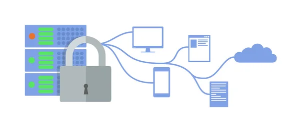 Gdrp Konzeptillustration. Datenschutzgrundverordnung. den Schutz personenbezogener Daten. Server und Schloss-Symbol. Vektor, isoliert auf weiß. — Stockvektor