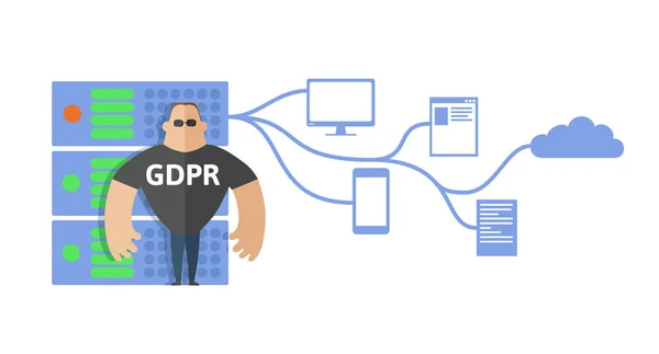 Ilustración del concepto GDPR. Reglamento general de protección de datos. La protección de los datos personales. Servidor y guardia de seguridad. Vector, aislado en blanco . — Vector de stock