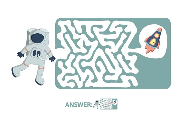 Kinder labyrinth mit Astronaut und Rakete. Puzzlespiel für Kinder, Vektor-Labyrinth-Illustration. — Stockvektor