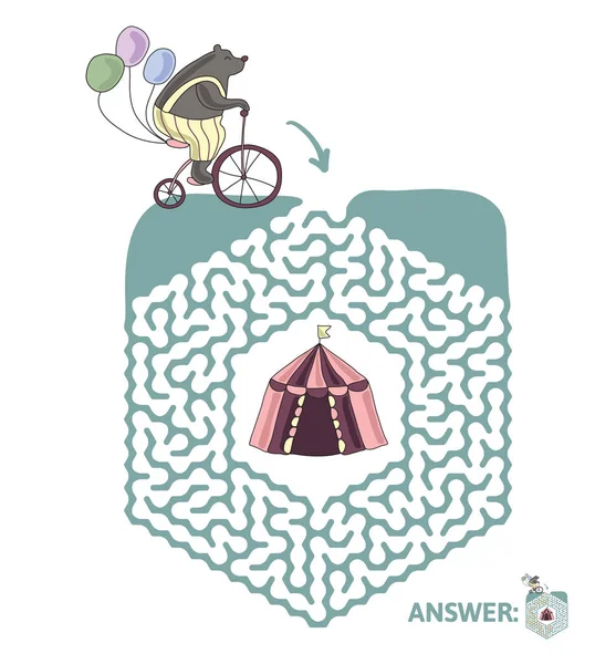 Детский лабиринт с медведем на велосипеде и цирковой палатке. Игра-головоломка для детей, векторная иллюстрация лабиринта . — стоковый вектор
