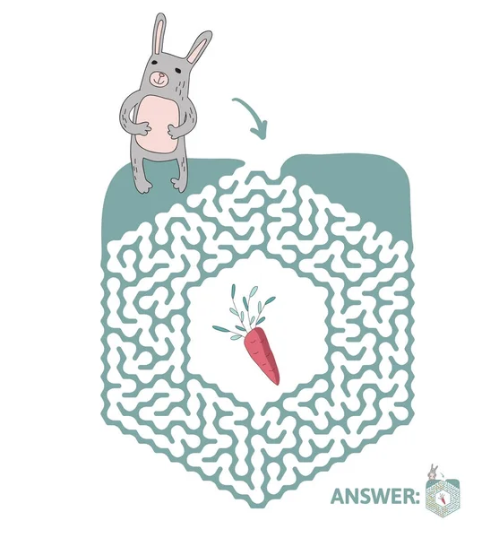 Laberinto de niños con conejo y zanahoria. Puzzle juego para niños, ilustración de laberinto vectorial . — Vector de stock