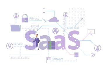 Saas, bir hizmet olarak yazılım kavramı. Yazılım bilgisayar, mobil cihazlar, kodları, app sunucu ve veritabanı bulut. Vektör çizim üzerinde beyaz izole düz stilde.