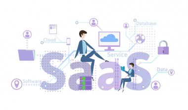 Saas, bir hizmet olarak yazılım kavramı. Yazılım bilgisayar, mobil cihazlar, kodları, app sunucu ve veritabanı bulut. Vektör çizim üzerinde beyaz izole düz stilde.