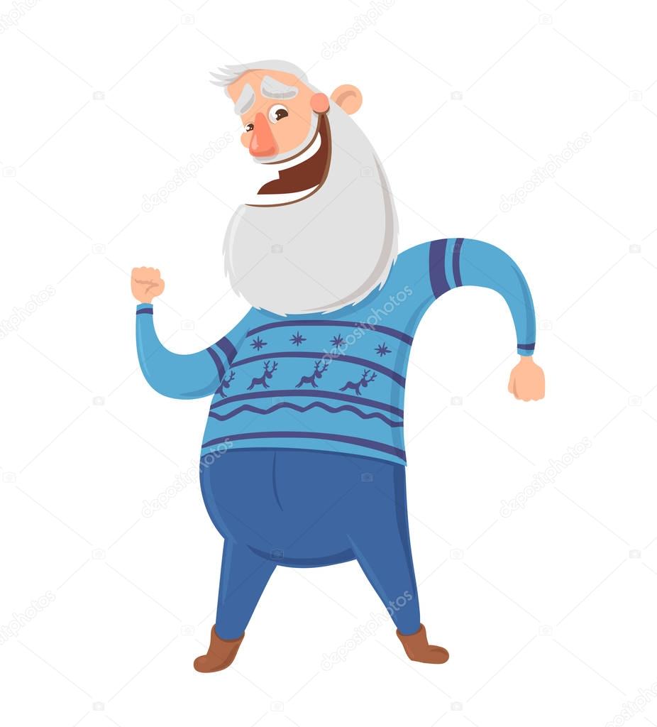Happy elderly people dancing or doing morning sports exercises. Active lifestyle and sport activities in old age. Vector illustration, isolated on white.