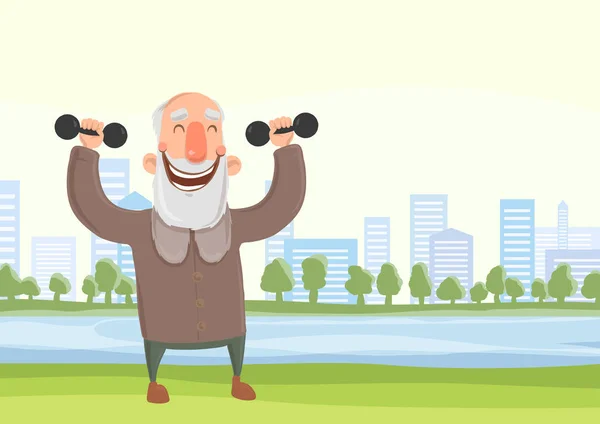 Happy elderly man doing morning sports exercises with dumbbells in city park. Active lifestyle and sport activities in old age. Vector illustration. — Stock Vector