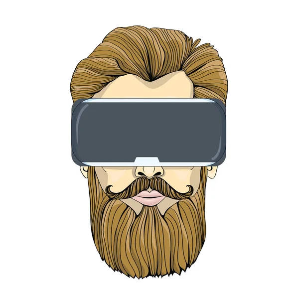 Homem elegante com barba em óculos realidade virtual. Tecnologia VR, ilustração vetorial, isolada em branco . — Vetor de Stock