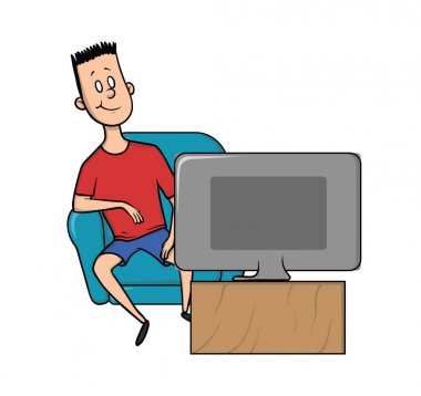 Genç adam bir sandalyede oturmuş Televizyon seyrediyor. Vektör çizim, üzerinde beyaz izole.