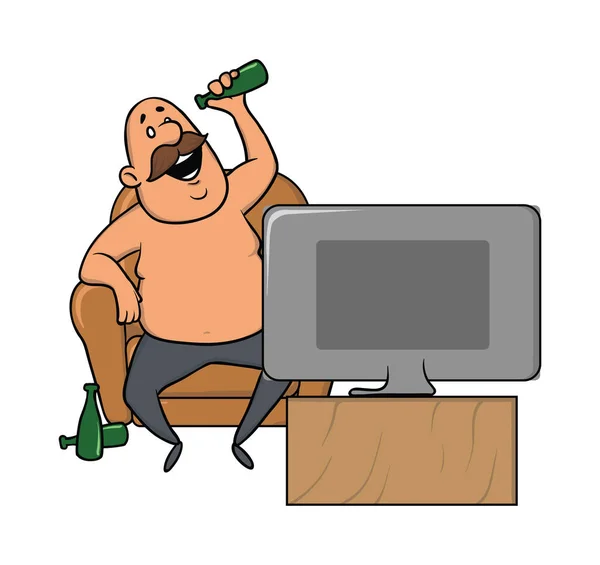 Gordo con una botella de cerveza viendo la tele, sentado en una silla. Ilustración vectorial, aislada en blanco . — Archivo Imágenes Vectoriales